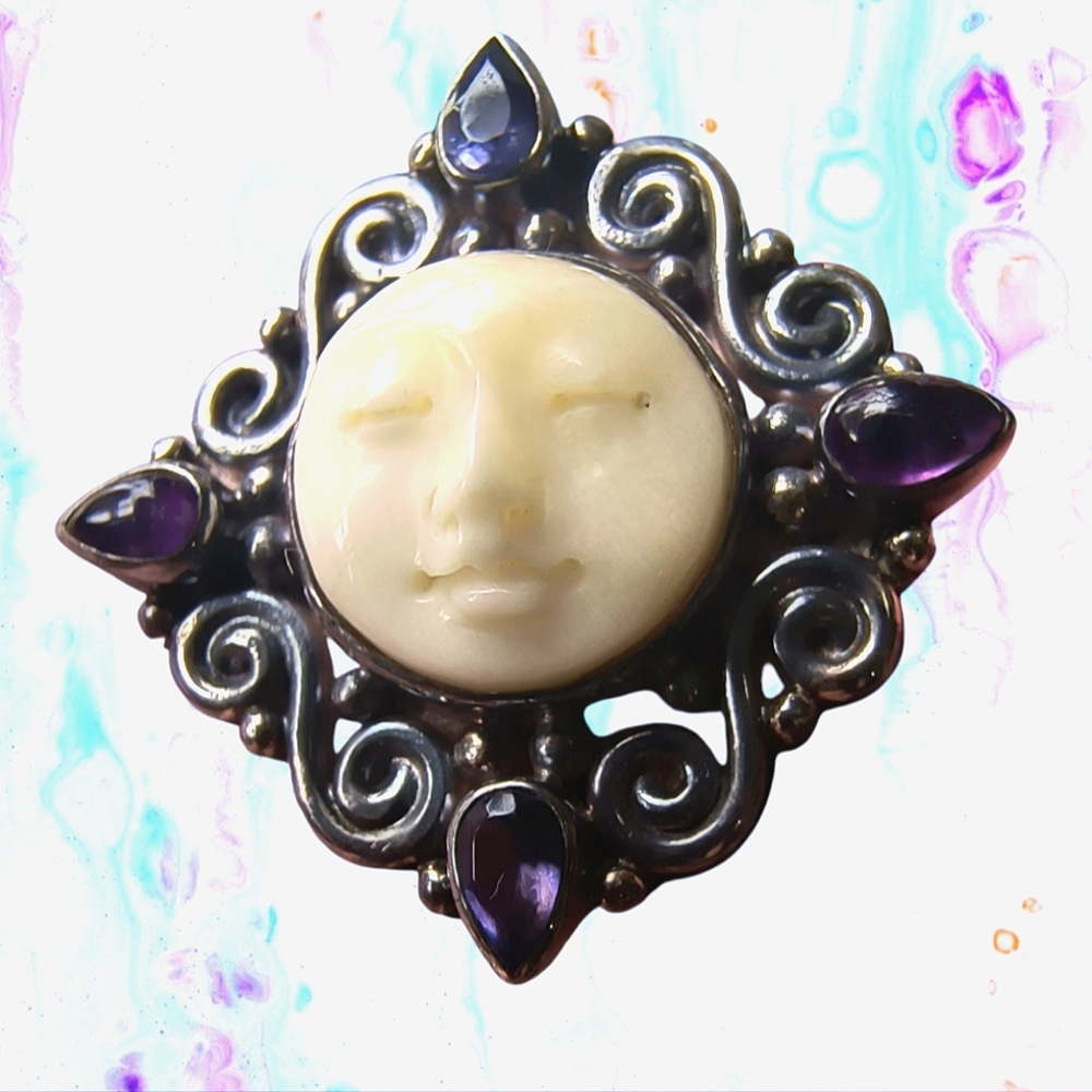 Sajen Bali Amethyst, Sterling Silver and Bone Goddess Pendant or Brooch